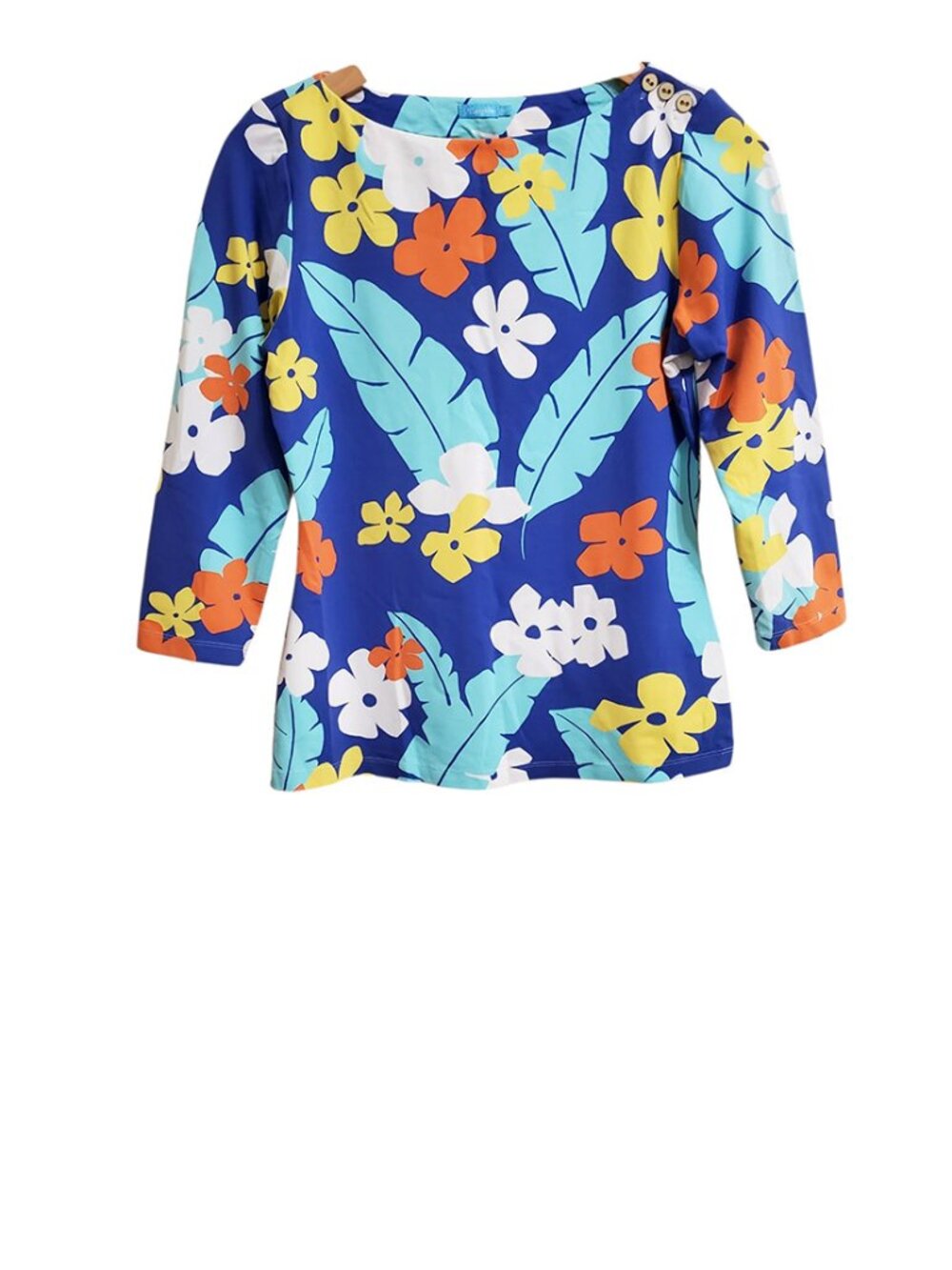 J. McLaughlin Wavesong Tee Top XS Floral 3/4 Sleeve Catalina Cloth Tropical
